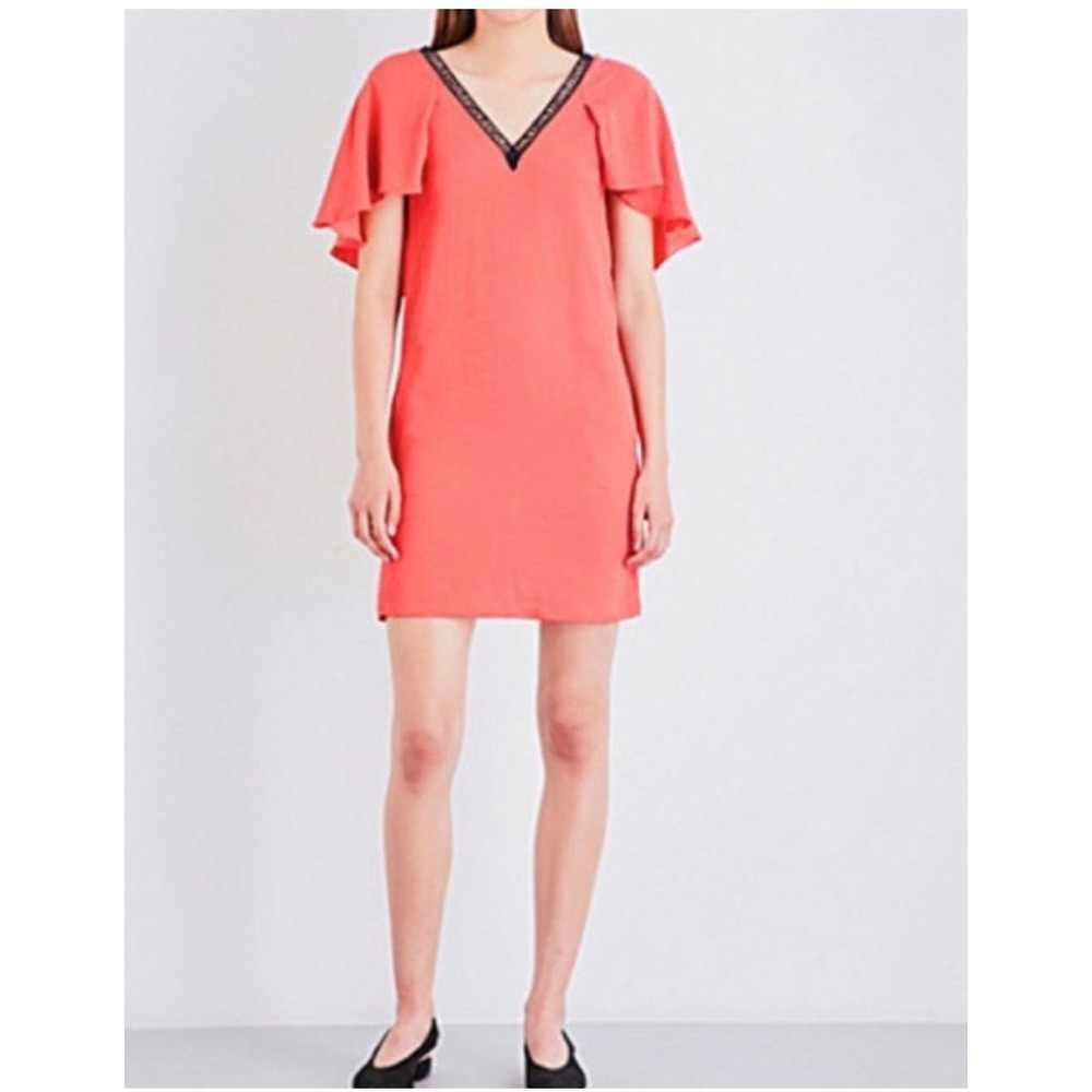 Maje Rysandre Orange V-Neck Flutter Sleeve Mini Dress Amour Lace Trim Sz 1